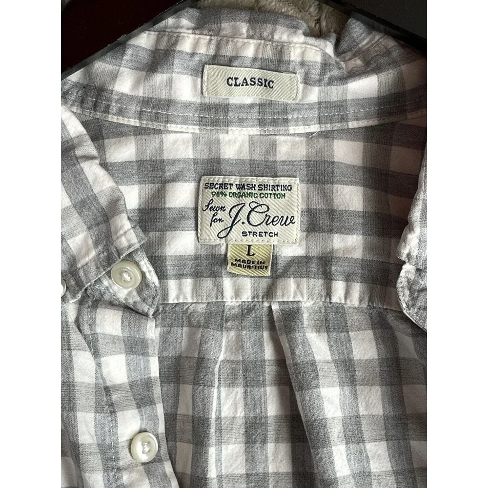 J. Crew Button Down Mens L Gray Gingham Secret Wash Stretch AA265